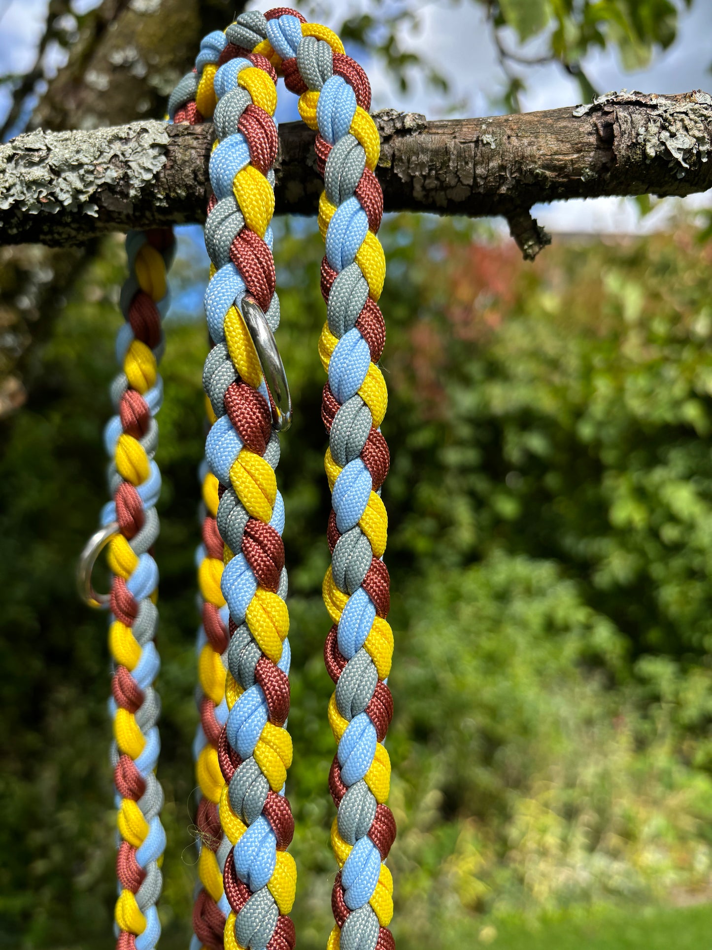 Hundeleine aus Paracord in Bronze, blau, gelb und grau